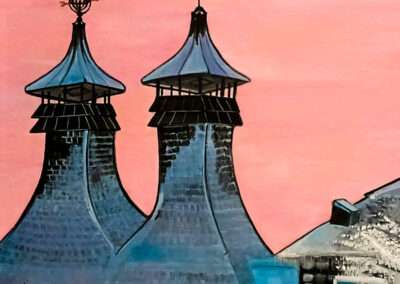 Pagodas de Glentauchers sobre un cielo rosado